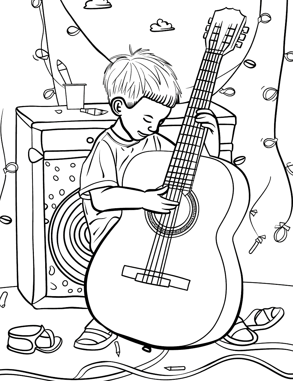 Guitar Crafting Workshop Music Coloring Page - Children playing a huge guitar in a workshop setting.