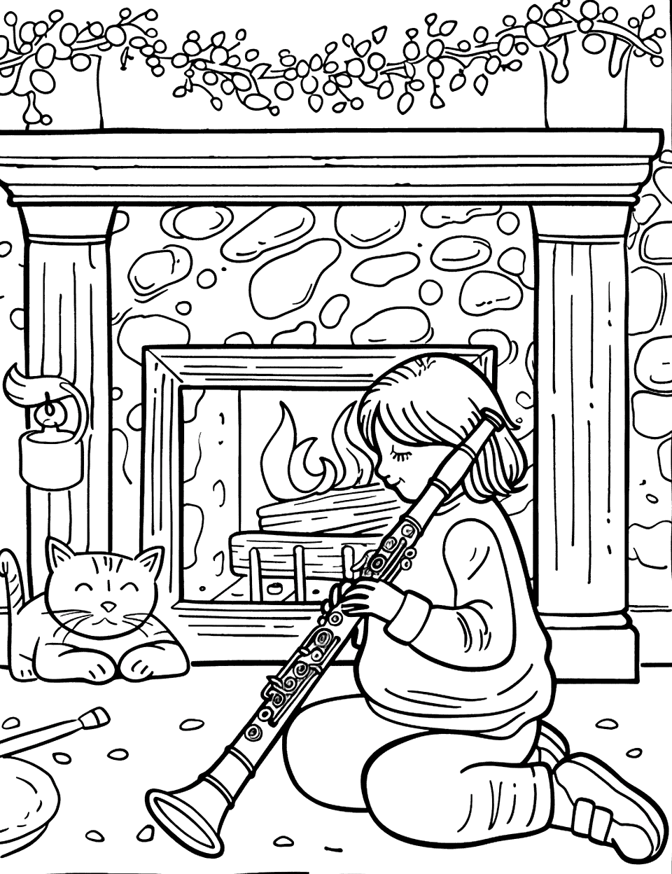 Clarinet by the Fireplace Music Coloring Page - A child practicing the clarinet by a cozy fireplace with a cat sleeping beside it.