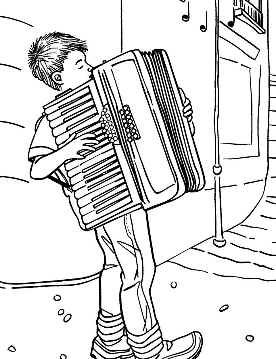 Street Musician in Paris Music Coloring Page - A boy playing the accordion on a Paris street.
