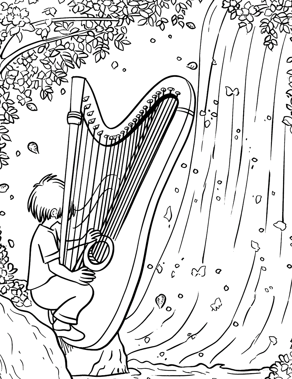 Fantasy Harp by the Waterfall Music Coloring Page - A mystical scene with a child playing a harp by a sparkling waterfall.