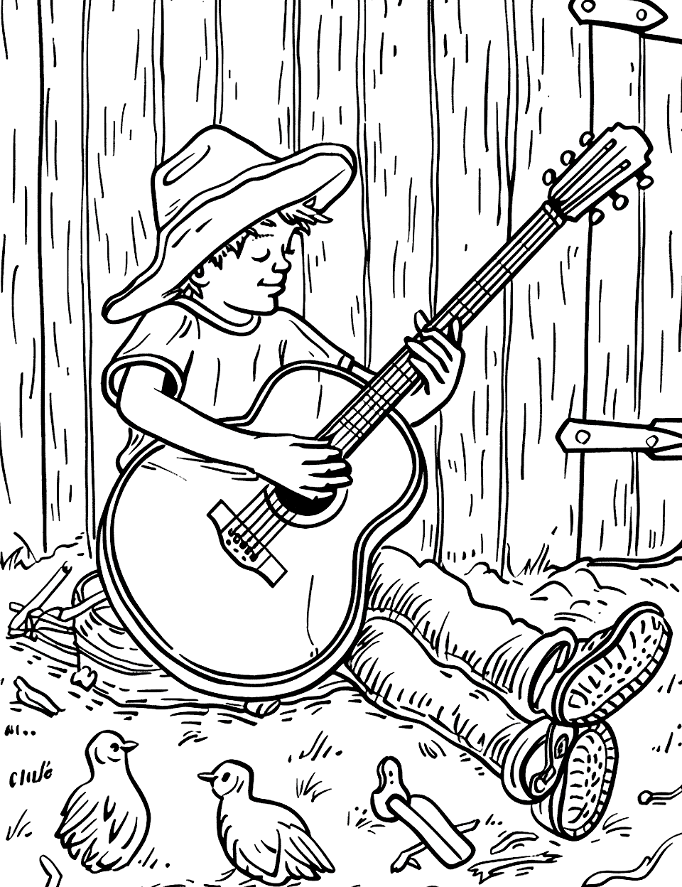 Country Guitar at the Farm Music Coloring Page - A teenager strumming a guitar with animals in a barn.