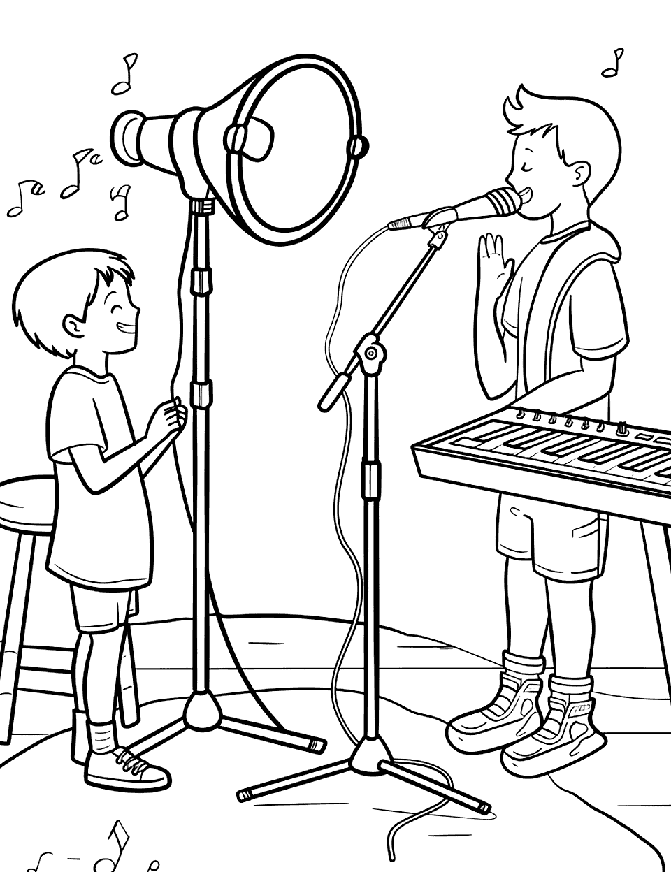 Singing Lesson in the Studio Music Coloring Page - A vocal coach teaching a child how to sing in a modern music studio.