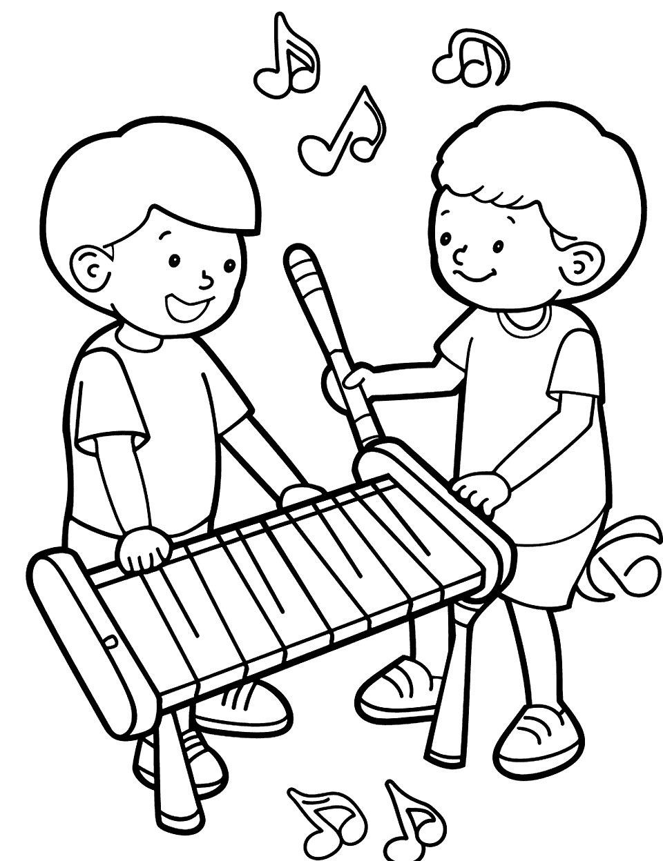 Xylophone Fun in the Playground Music Coloring Page - Kids playing a xylophone in a playground.