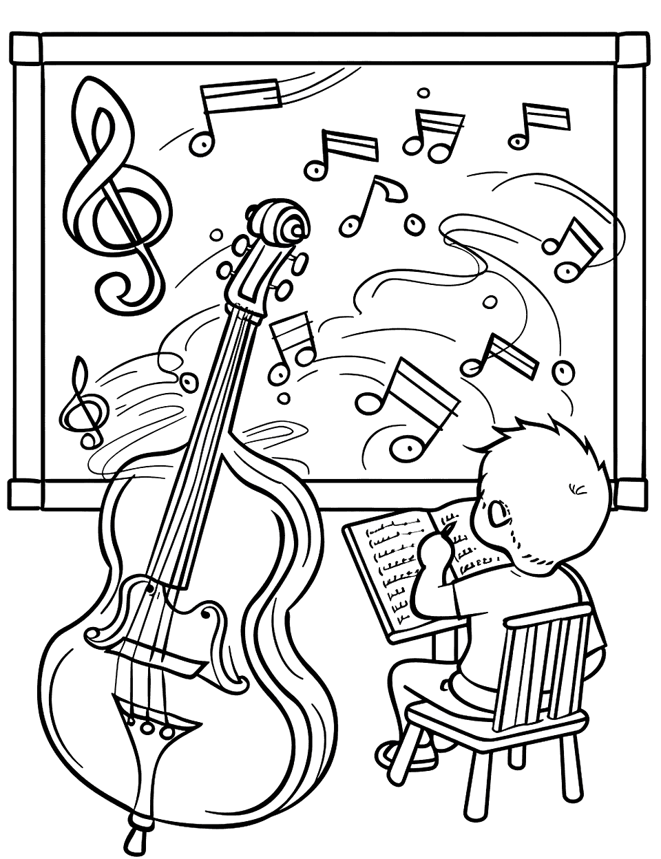 Music Theory Class Coloring Page - Children learning about music notes and symbols on a classroom blackboard.