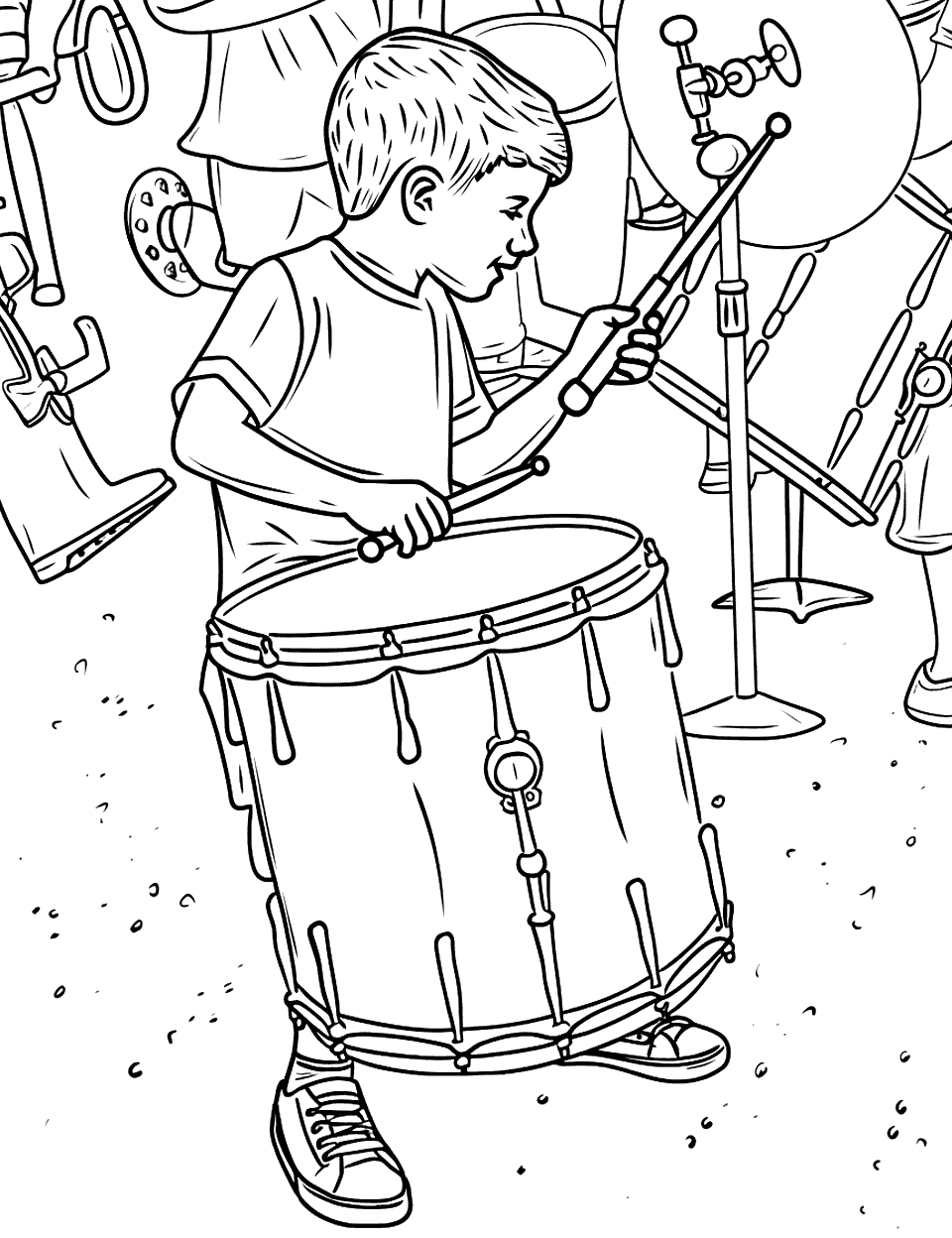Drummer at the Parade Music Coloring Page - A young boy playing a snare drum in a festive street parade.