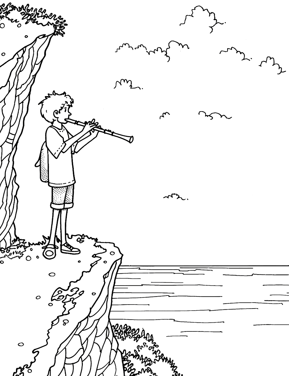 Solo Flute at the Cliff Music Coloring Page - A child playing a flute standing at the edge of a scenic cliff overlooking the sea.