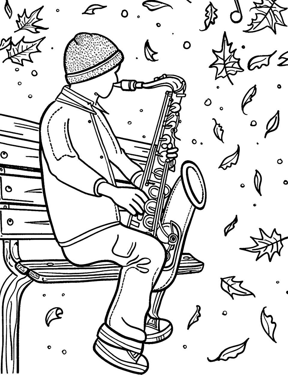 Jazz Saxophone in the Park Music Coloring Page - A teenager playing a saxophone on a park bench with autumn leaves falling around.