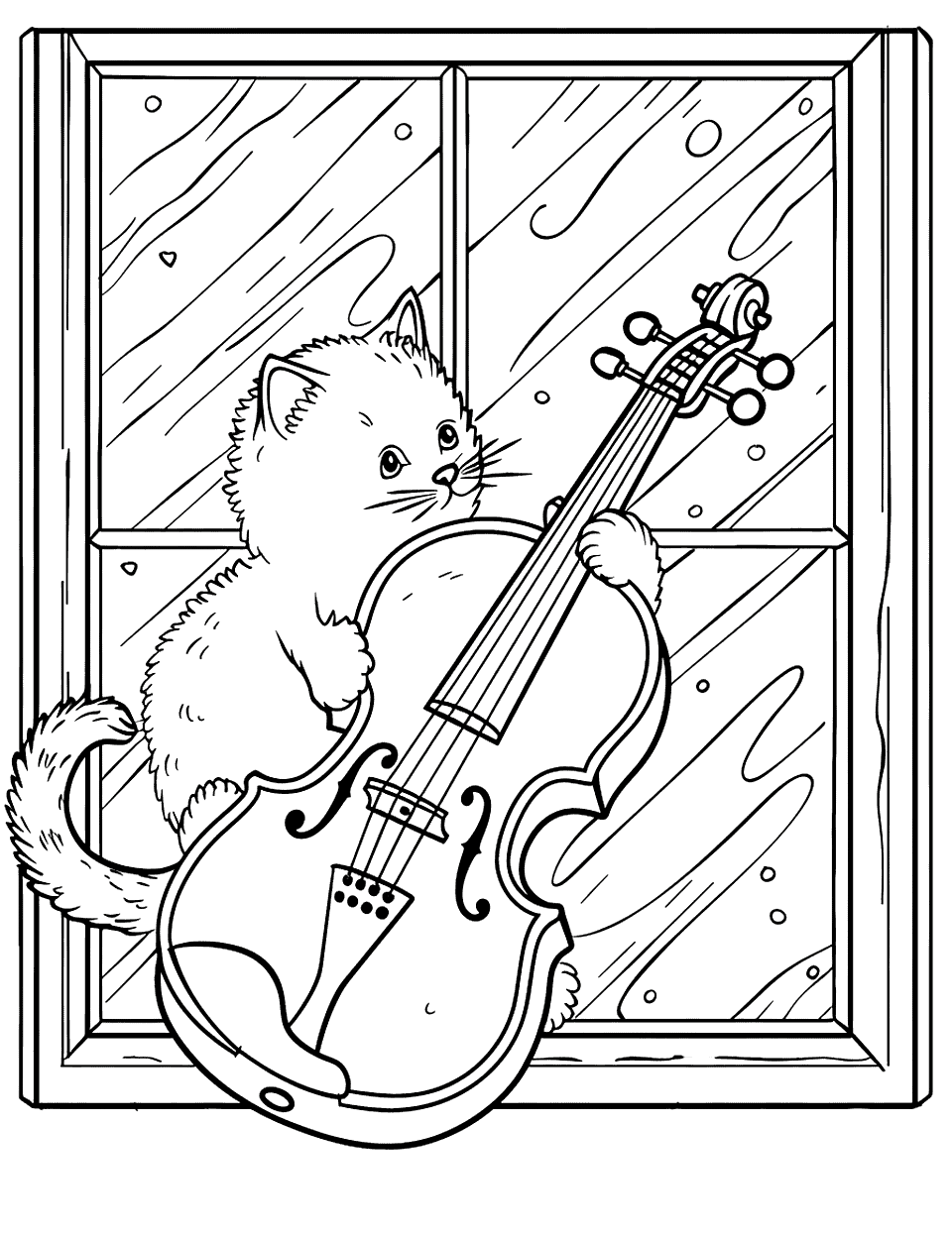 Cute Violin Practice Music Coloring Page - A kitten trying to play a violin, sitting beside a window.