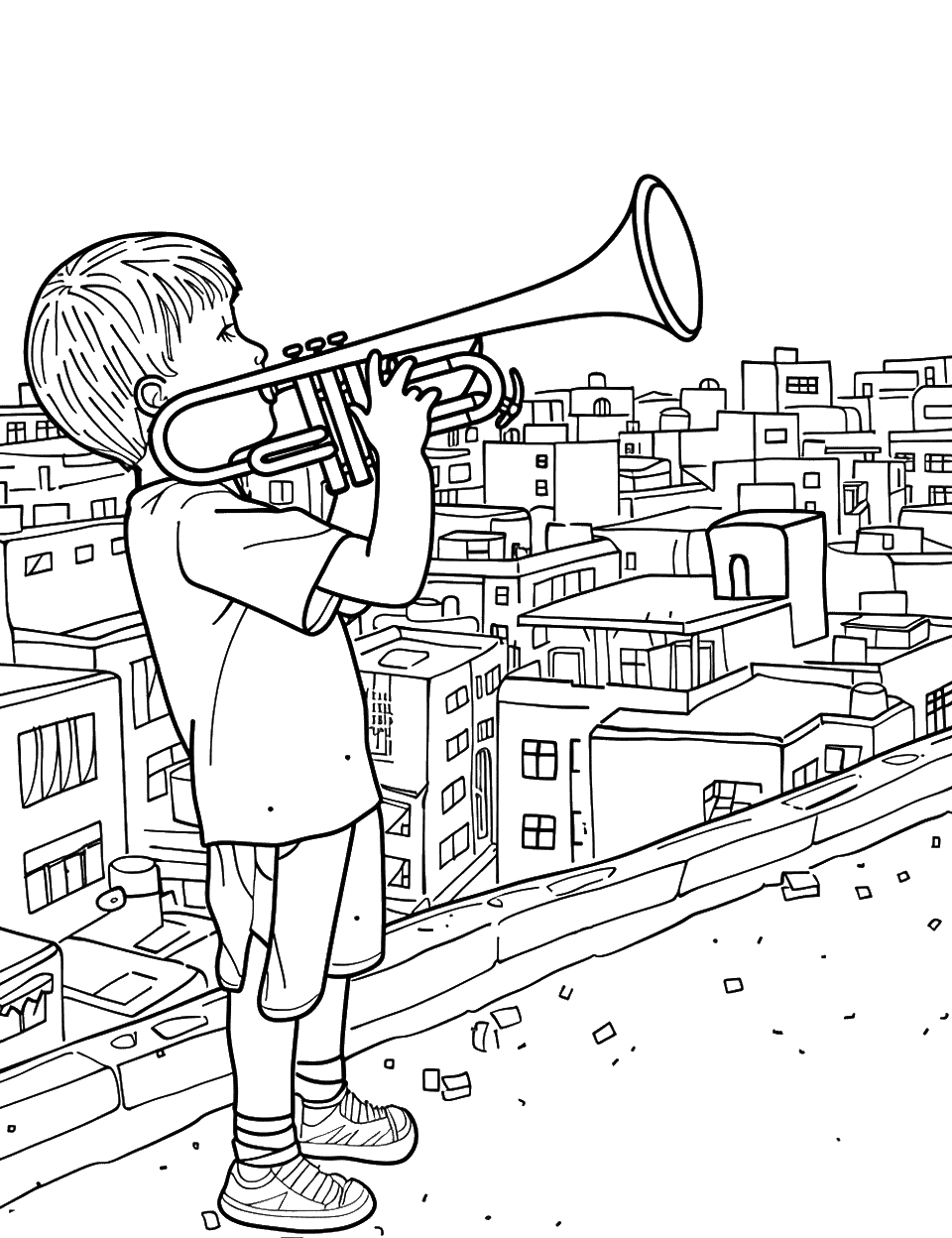 Trumpet on the Rooftop Music Coloring Page - A child blowing a trumpet on a city rooftop with buildings in the background.