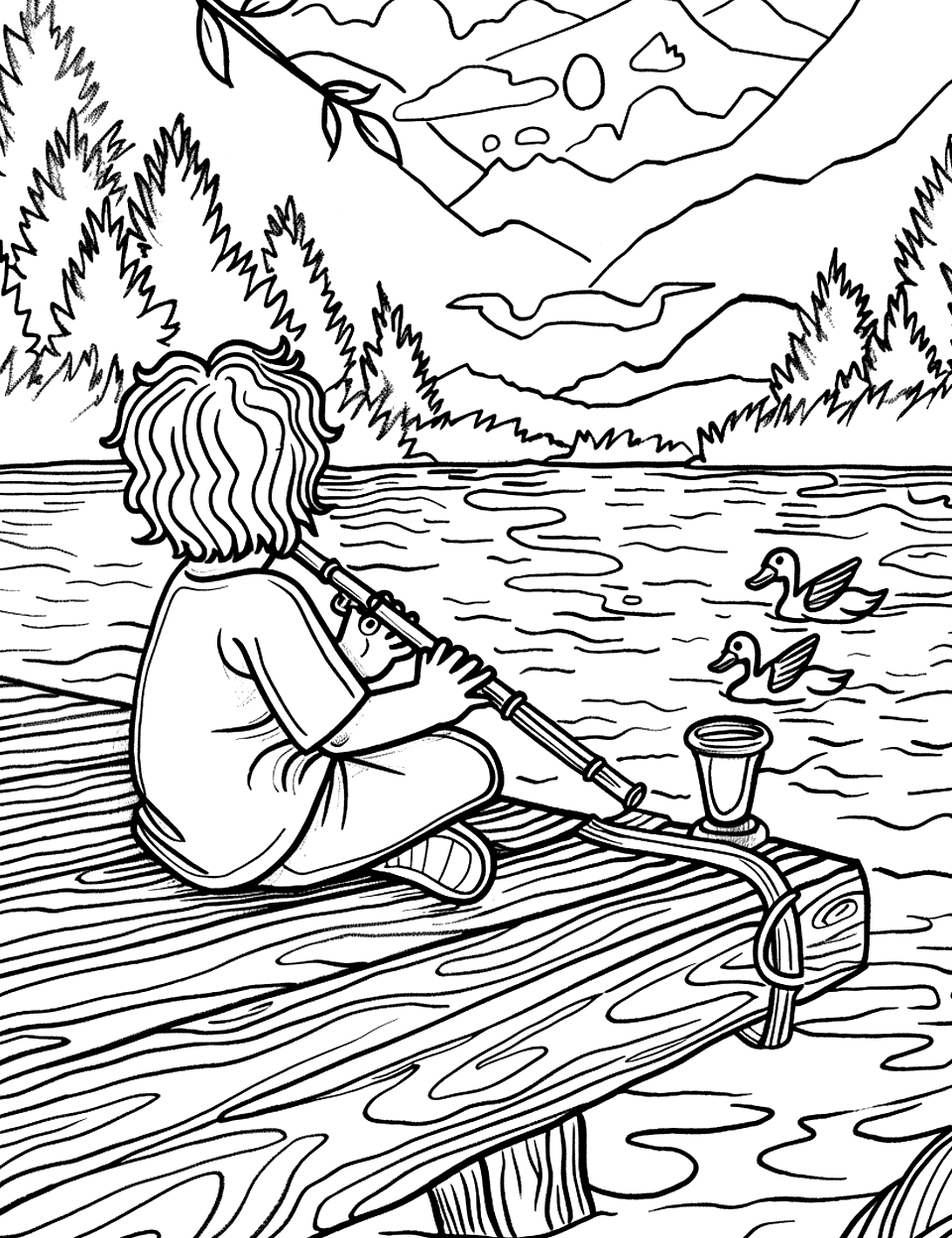 Flute Melody by the Lake Music Coloring Page - A child sitting on a dock, playing a flute with ducks swimming nearby.