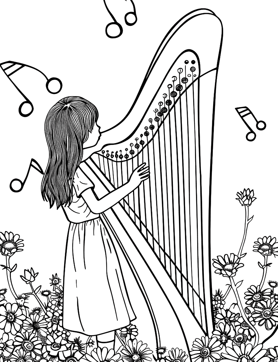 Harp in the Flower Field Music Coloring Page - A young girl playing a harp in a field of wildflowers.