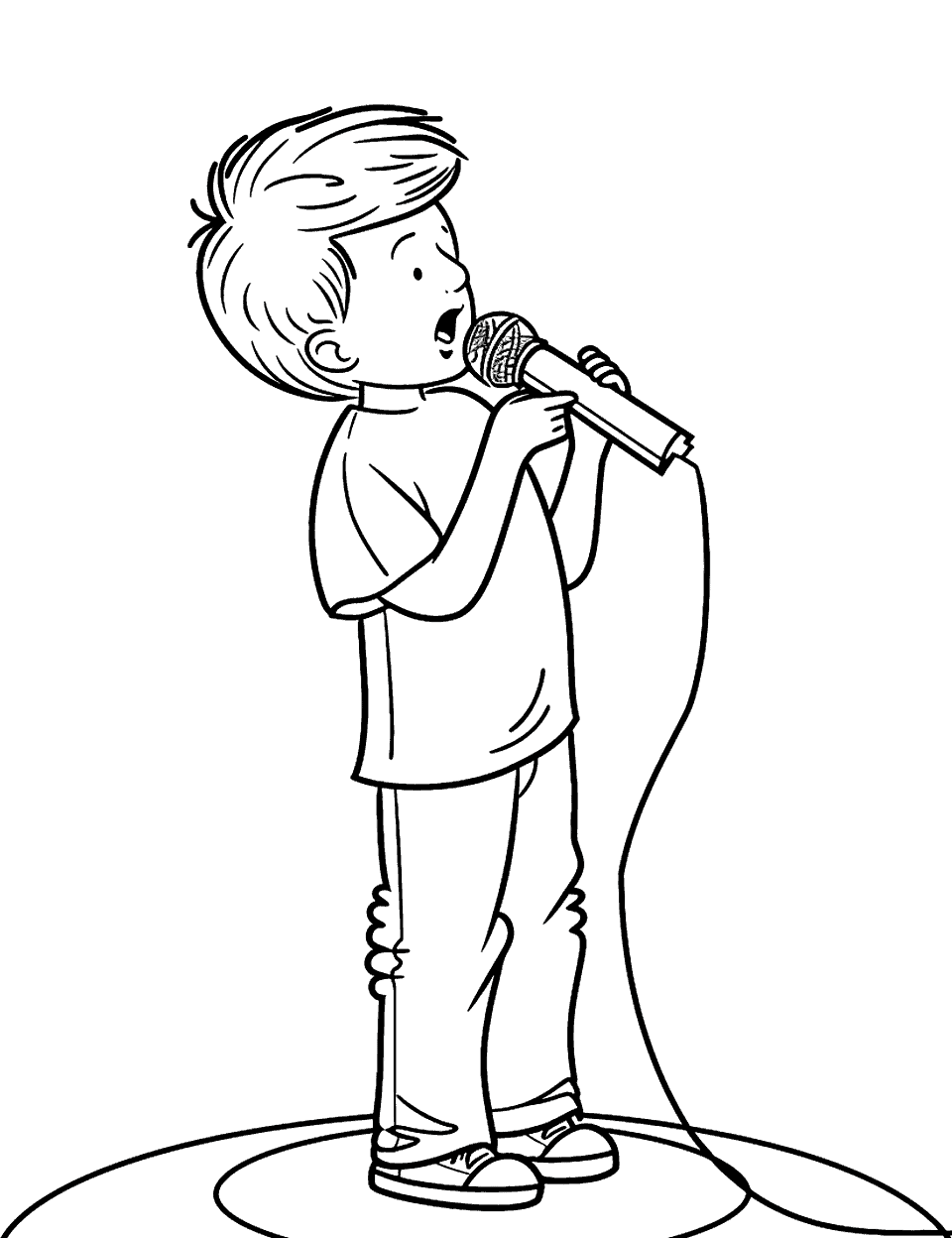 Audition Day Music Coloring Page - A nervous boy holding a microphone, standing on a small stage in a school auditorium.