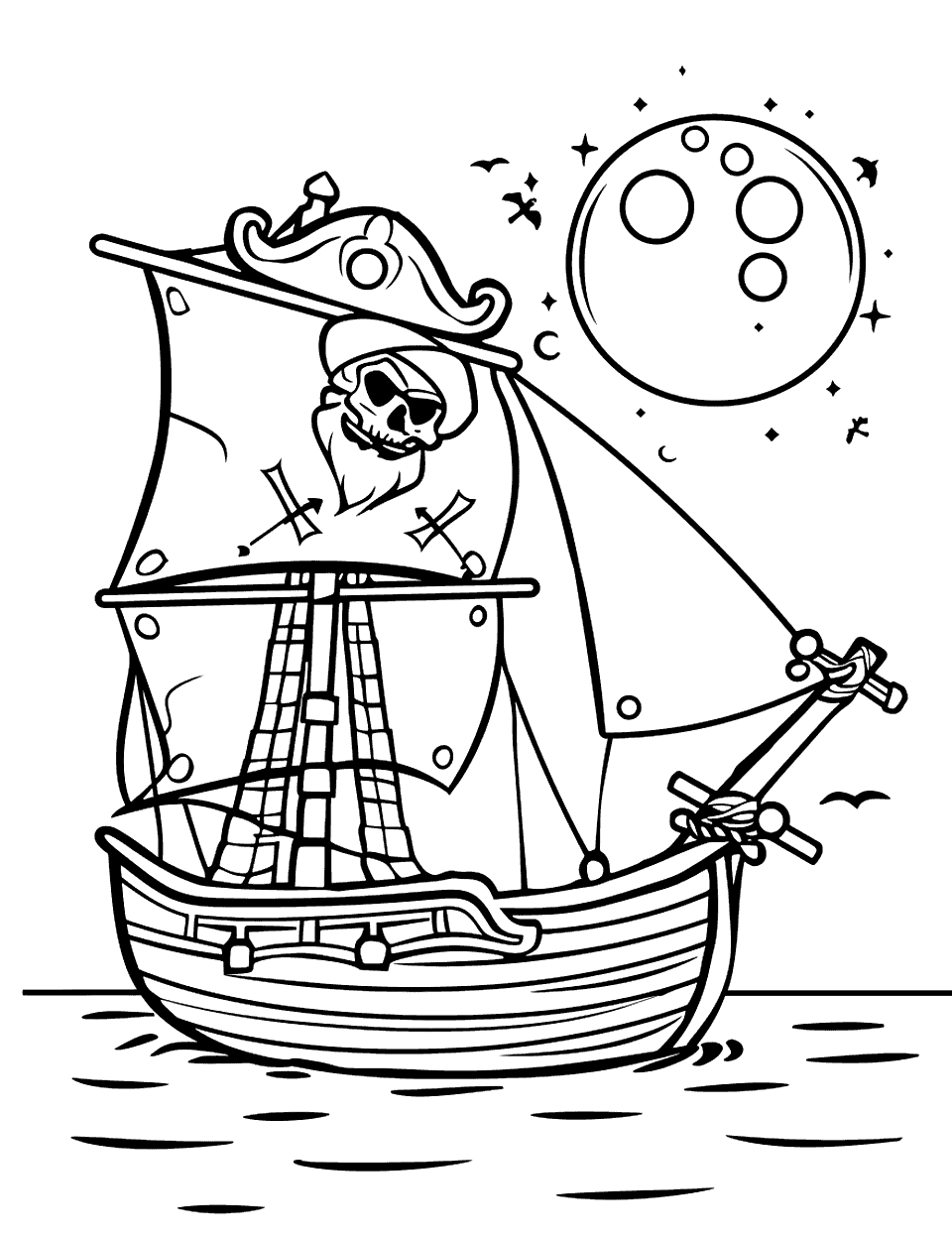 Pirate Ship Under Full Moon Coloring Page - A pirate ship sailing under a bright full moon.
