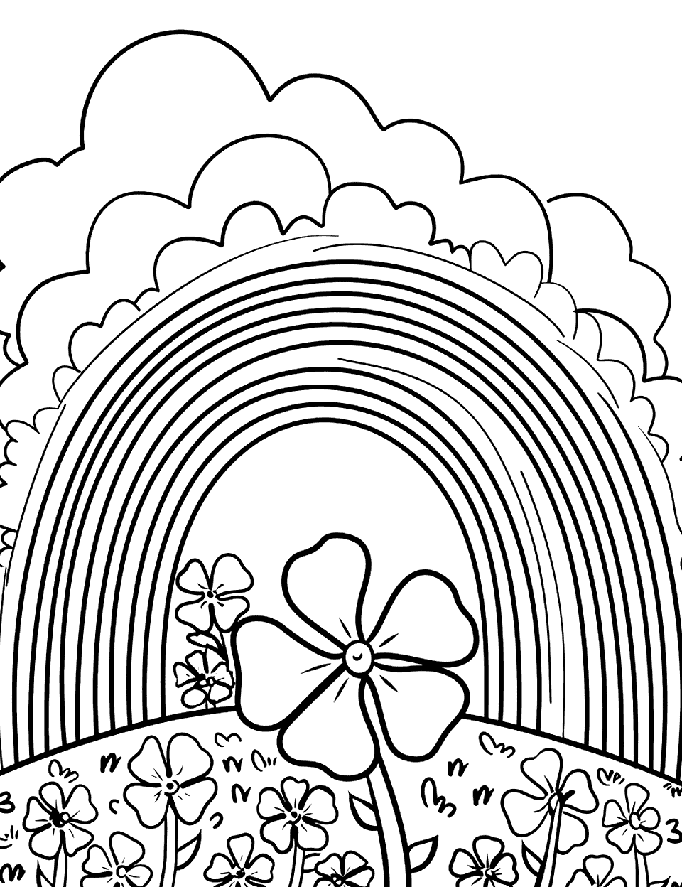 Rainbow Over a Shamrock Field Coloring Page - A rainbow arching over a lush field dotted with shamrocks.