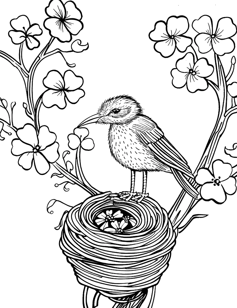 Bird Building a Nest with Shamrocks Shamrock Coloring Page - A bird weaving shamrocks into its nest in a tree.
