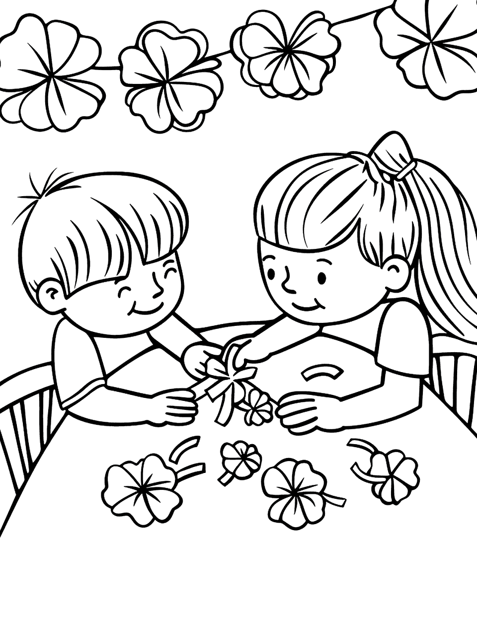 Children Making Shamrock Art Coloring Page - Kids sitting around a table, crafting shamrock-shaped decorations from paper.