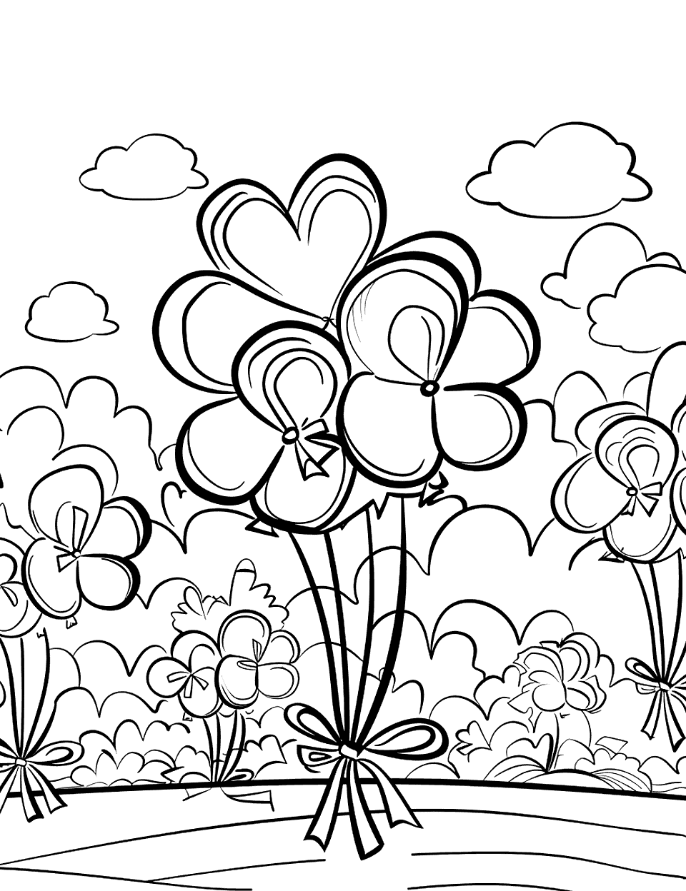 Shamrock Shaped Balloons at a Fair Coloring Page - A festive scene at a local fair with balloons shaped like shamrocks floating in the air.