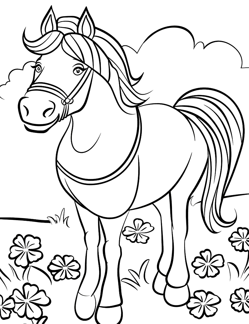 Horse with Shamrocks Shamrock Coloring Page - A majestic horse standing in a shamrock meadow.