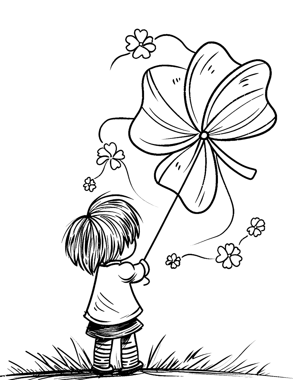 Shamrock Kite Flying on a Windy Day Coloring Page - A child flying a kite shaped like a shamrock on a breezy spring day.