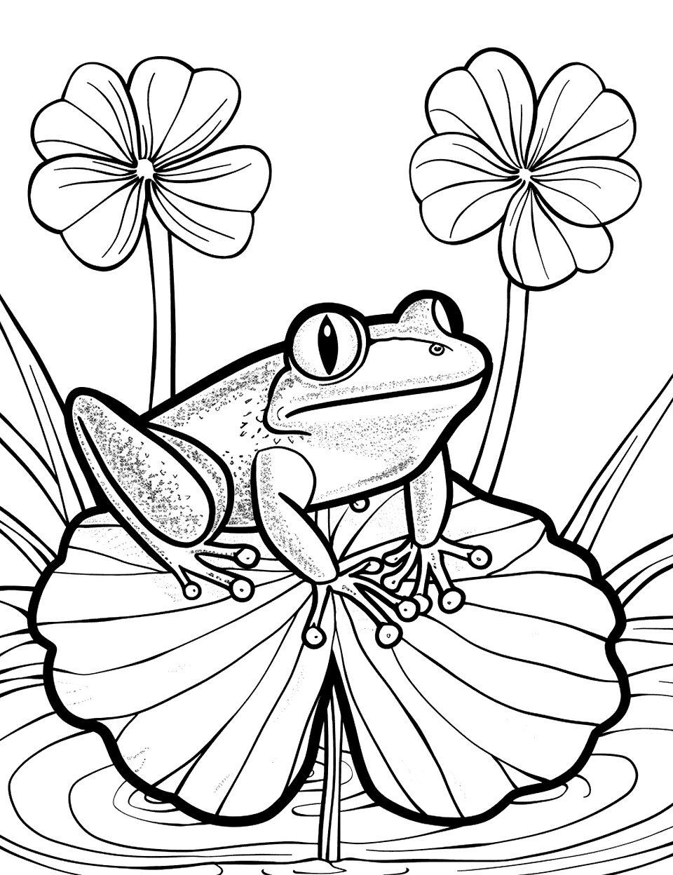 Frog Sitting on a Shamrock Leaf Coloring Page - A frog perched serenely on a large shamrock leaf by a pond.