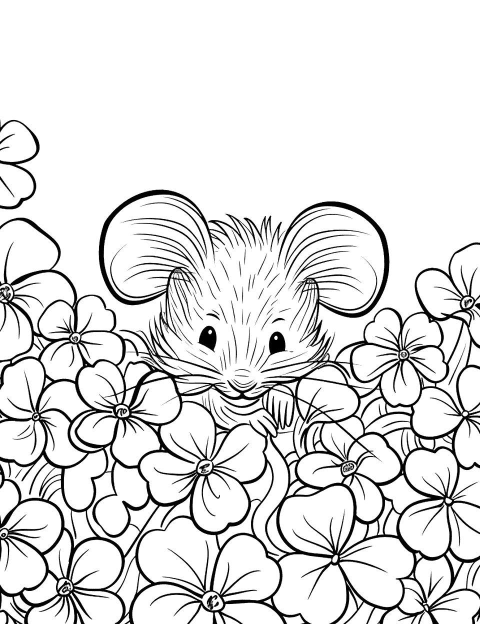 Mouse Peeking Out of a Shamrock Patch Coloring Page - A tiny mouse peeking out from a lush patch of shamrocks.