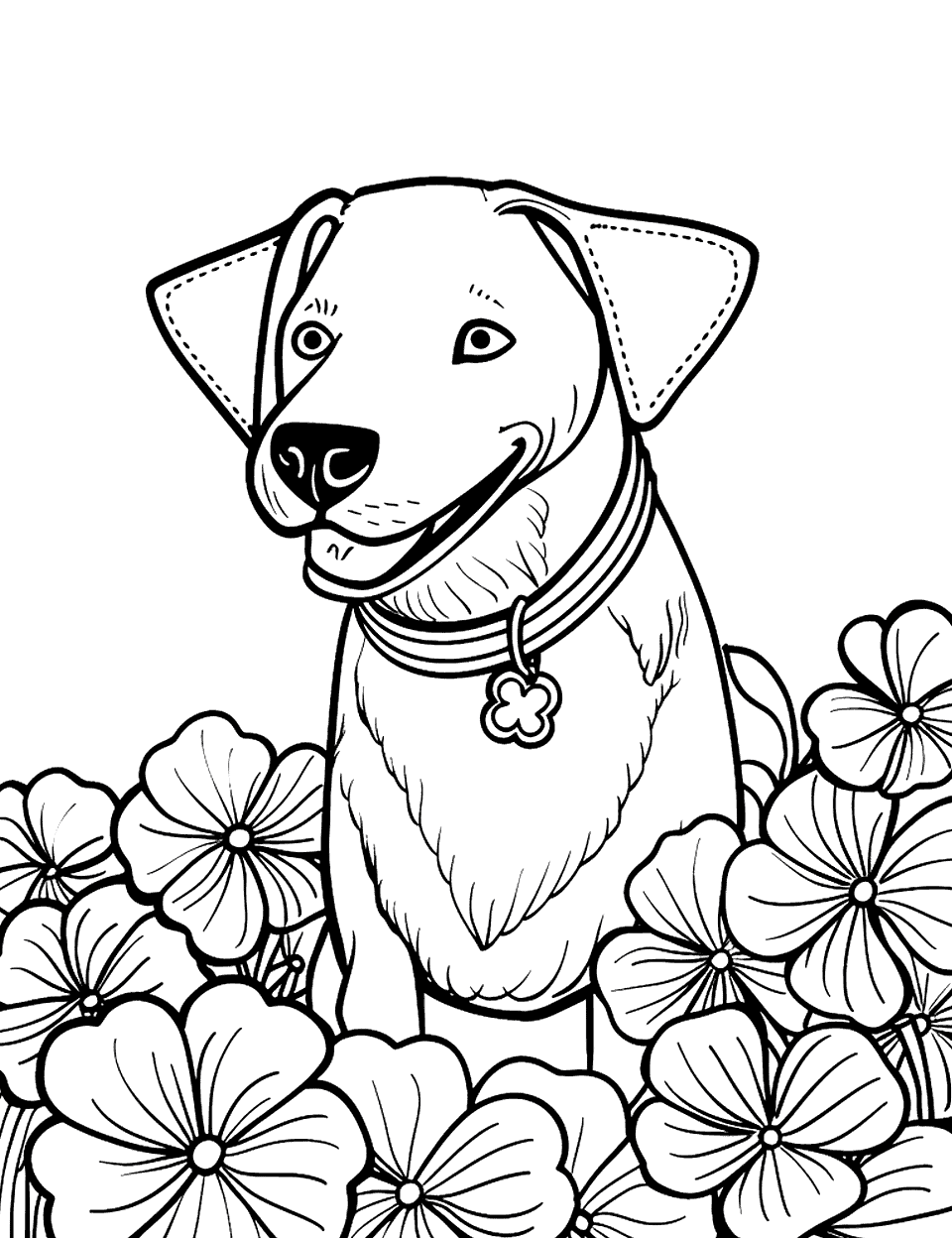 Dog Wearing a Shamrock Collar Coloring Page - A happy dog with a shamrock-themed collar sitting in a field of clovers.