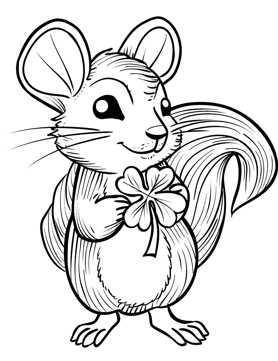 Squirrel Holding a Shamrock Coloring Page - A squirrel standing upright, holding a shamrock in its paws with a curious expression.