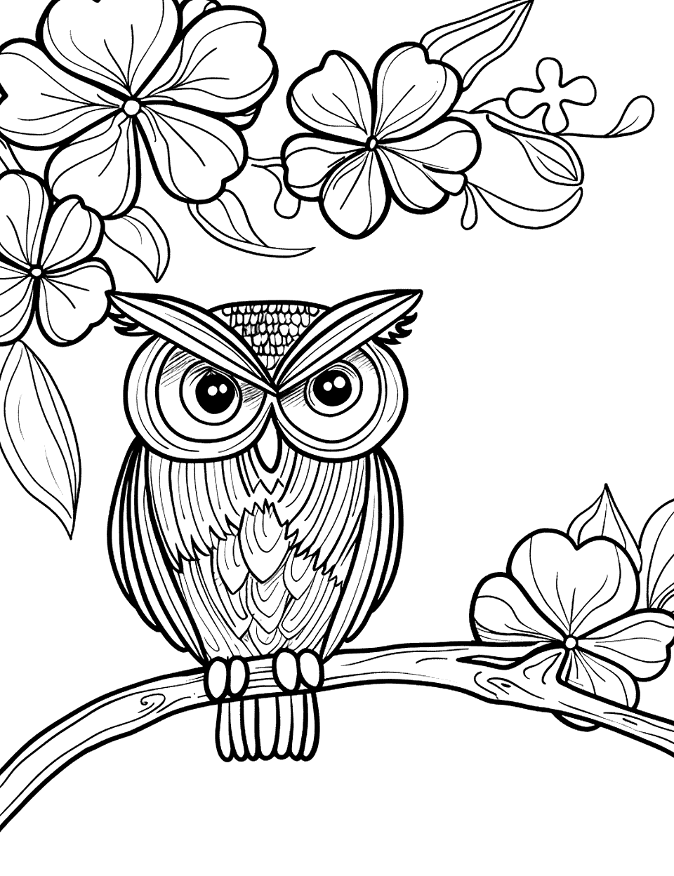 Owl Perched on a Shamrock Tree Coloring Page - An owl perched on the branch of a tree, where the leaves are shaped like shamrocks.
