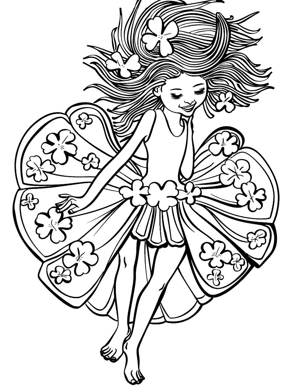 Irish Dancer with Shamrock Dress Coloring Page - An Irish dancer mid-performance, wearing a dress decorated with shamrock patterns.