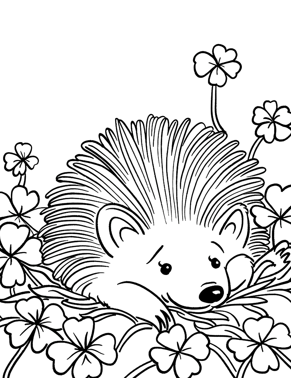 Hedgehog Rolling in Shamrocks Shamrock Coloring Page - A playful hedgehog rolling around and playing in a field of shamrocks.