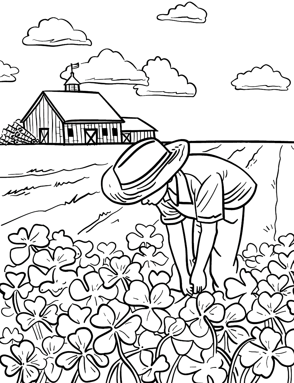 Farmer Planting Shamrocks Shamrock Coloring Page - A farmer in a field, planting shamrocks, with a barn in the background.