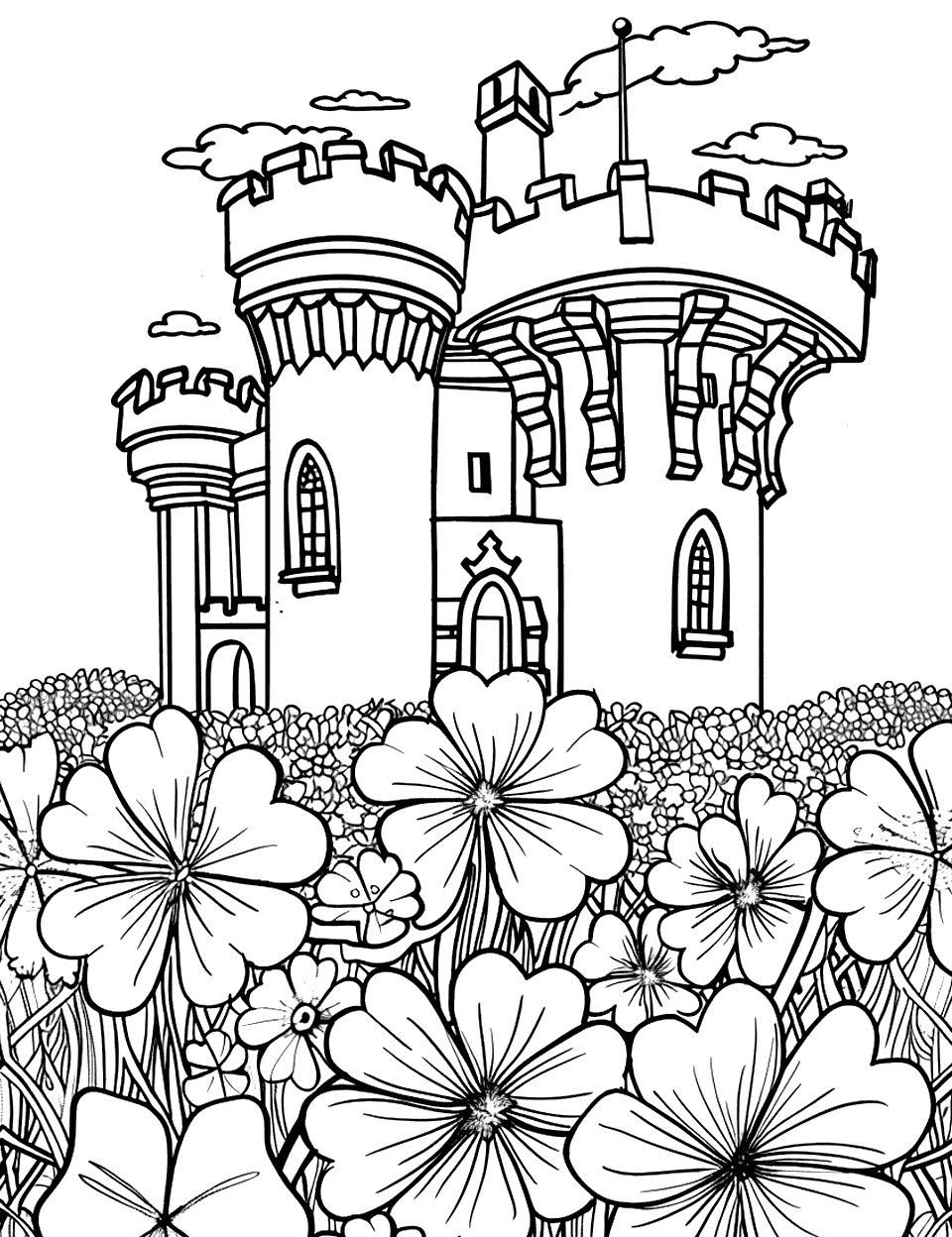 Irish Castle with Shamrock Gardens Coloring Page - An ancient Irish castle with sprawling gardens full of clovers.
