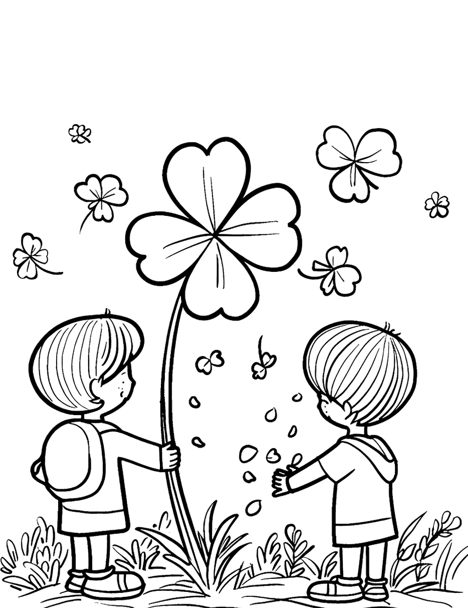 Four Leaf Clover Hunt Shamrock Coloring Page - Children searching in a field, finding a four-leaf clover.