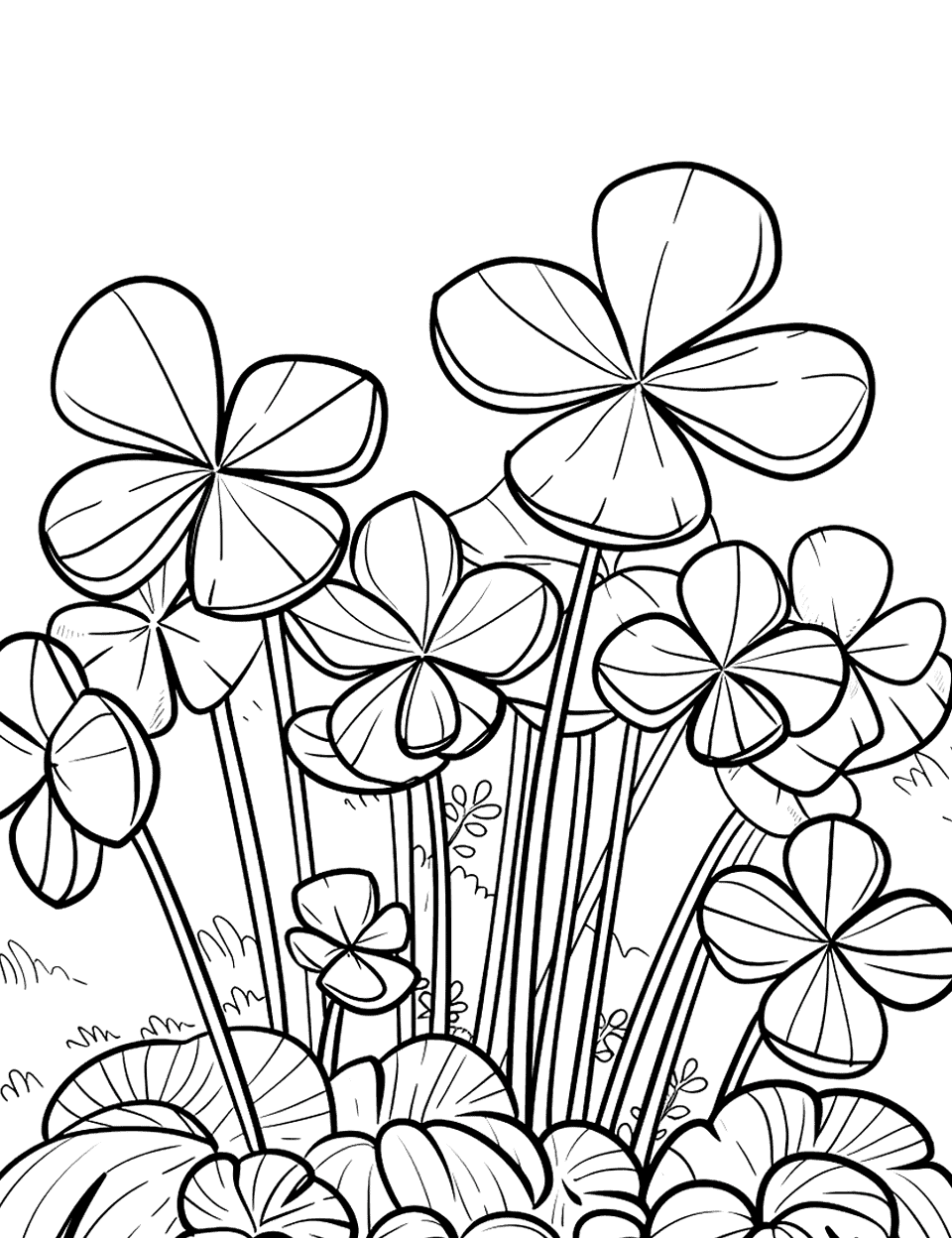 Oxalis Acetosella in a Forest Clearing Shamrock Coloring Page - Oxalis acetosella, commonly known as wood sorrel, flourishing in a small forest clearing.