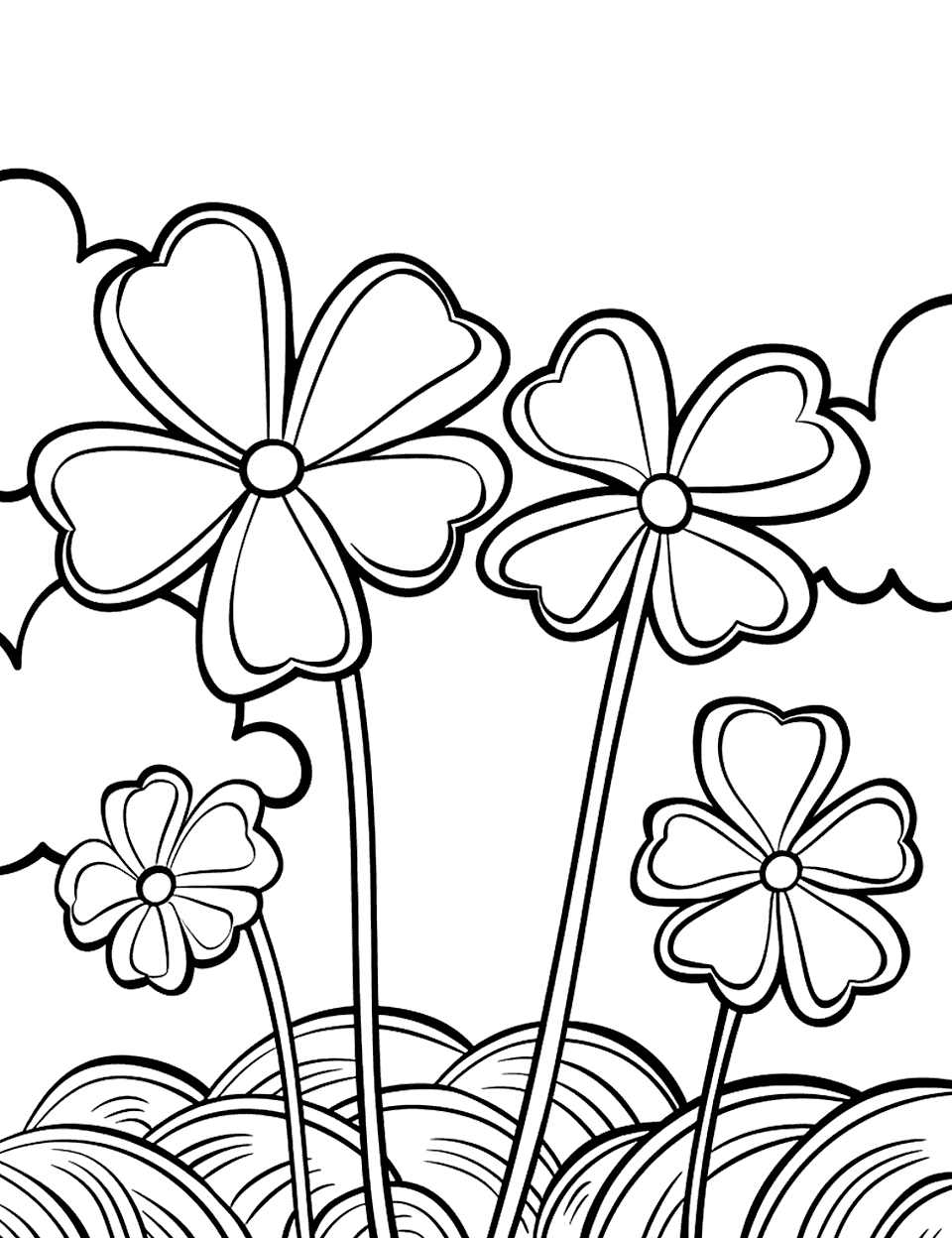 Shamrock and Clouds in the Sky Coloring Page - Simple scene of a sunny day where cloud is in the sky above a shamrock field.