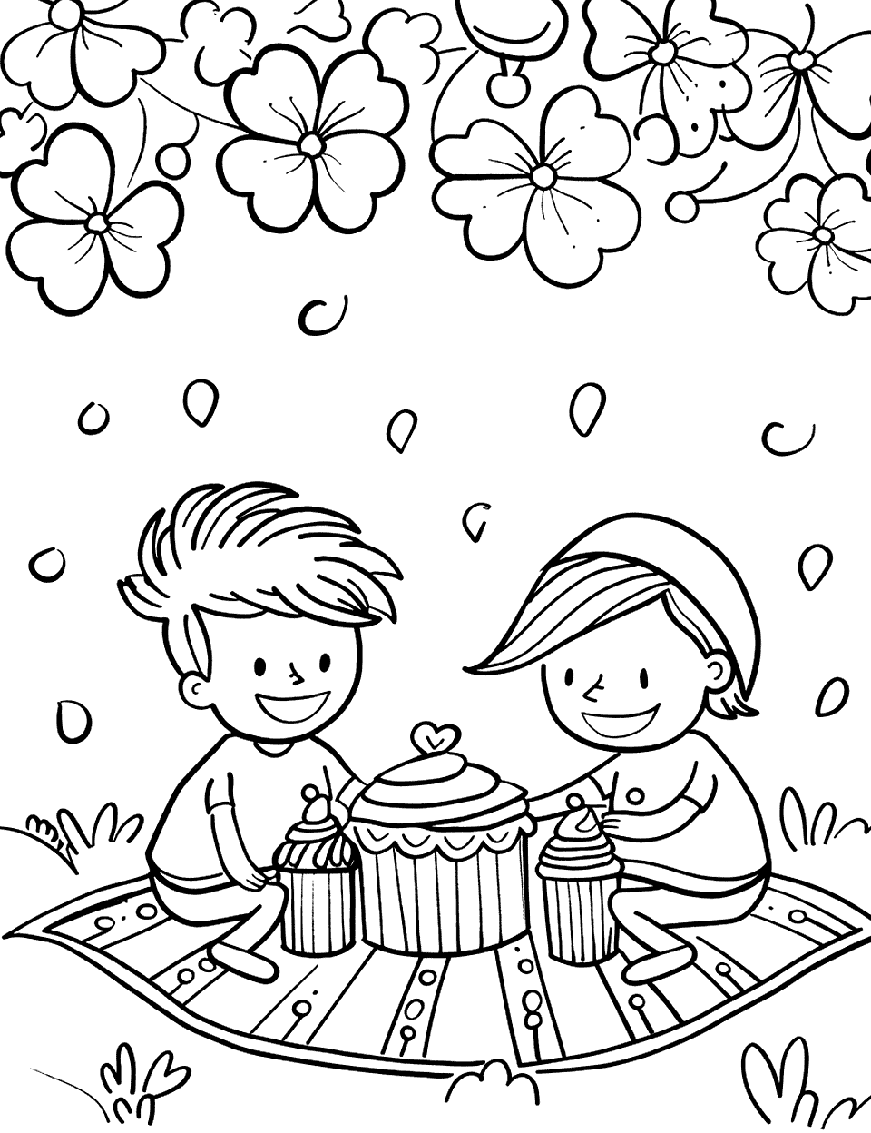 Picnic with Shamrock Coloring Page - A family enjoying a picnic under some shamrock near a forest.