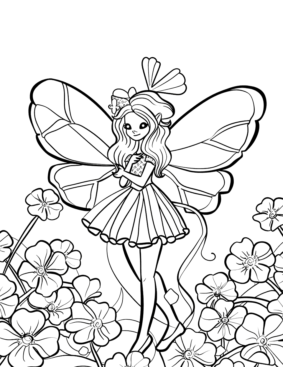 Shamrock Fairy in a Magical Garden Coloring Page - A small fairy with wings flitting around a garden filled with clovers.