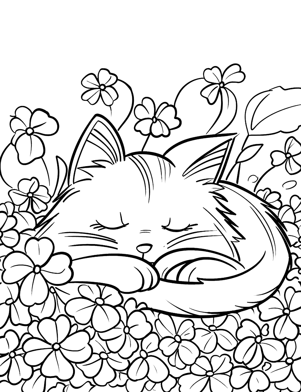 A Cat Napping in Shamrock Patch Coloring Page - A content cat curled up asleep among a dense patch of shamrocks.