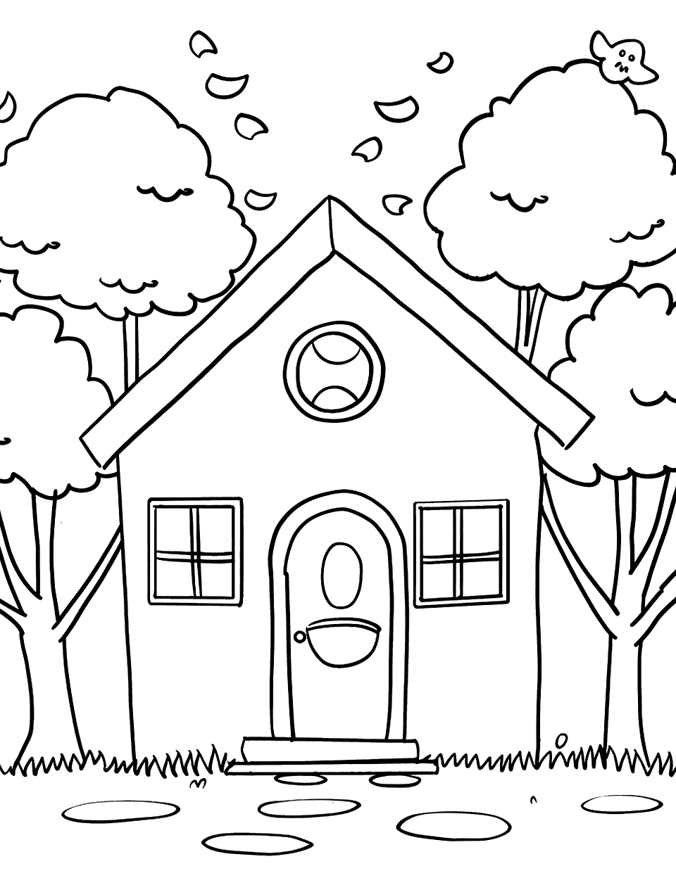 Square-Shaped House Adventure Shapes Coloring Page - A square house with rectangular windows and an oval door, surrounded by simple trees.