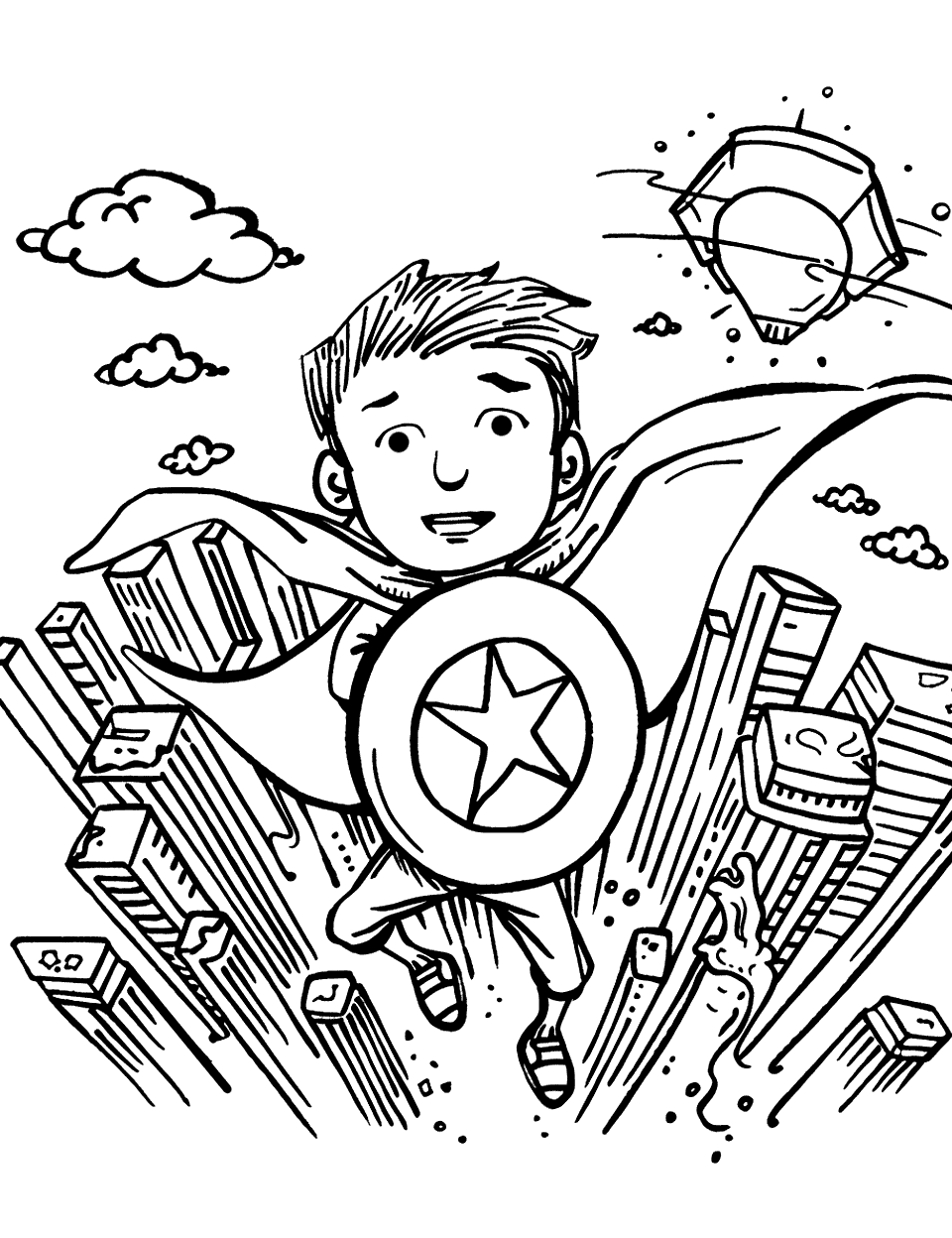 Circle Power Shapes Coloring Page - A superhero with a circle-shaped shield flying over a minimalist cityscape.