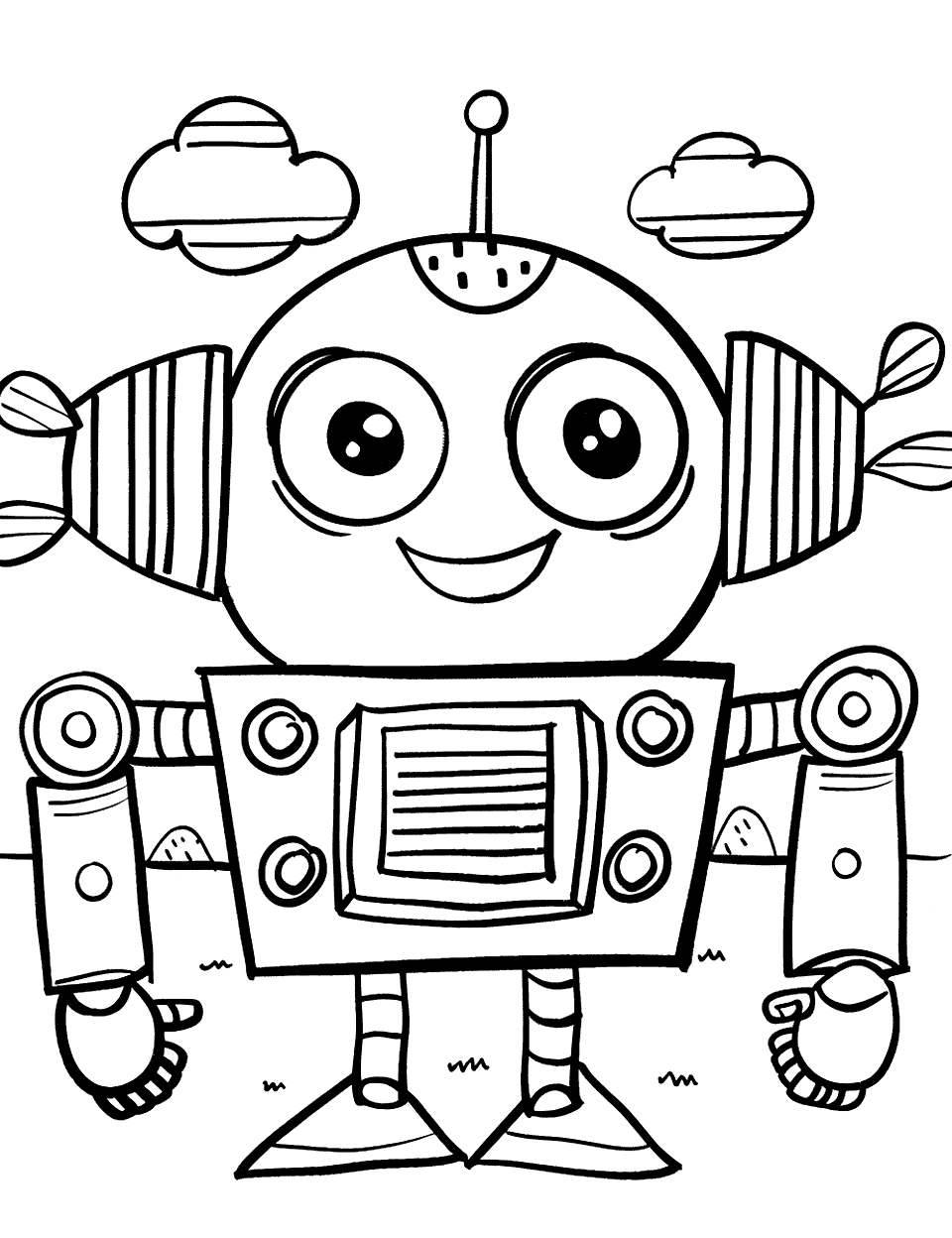 Rectangle Robot Shapes Coloring Page - A friendly robot with a rectangular body and circular head.