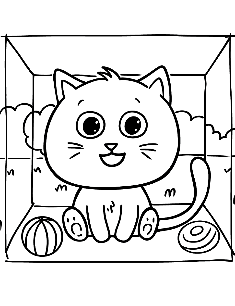 Cute Cat in a Square Shapes Coloring Page - A playful cat sitting inside a large square, with a few toys around.