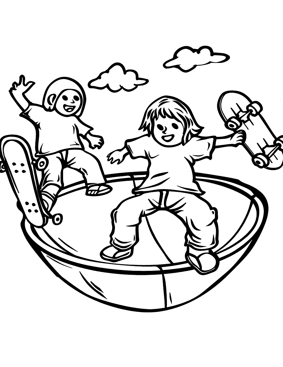 Cool Circle Skate Park Shapes Coloring Page - Kids on skateboards doing tricks in a circular skate bowl.