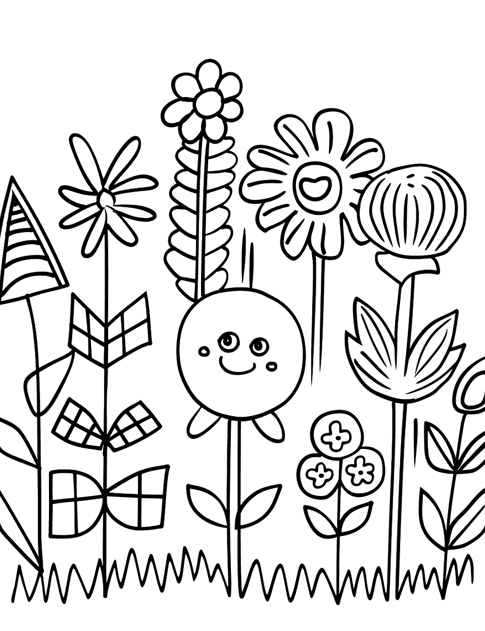 Geometric Garden Shapes Coloring Page - Flowers and trees made of shapes like rectangles, circles, and triangles.