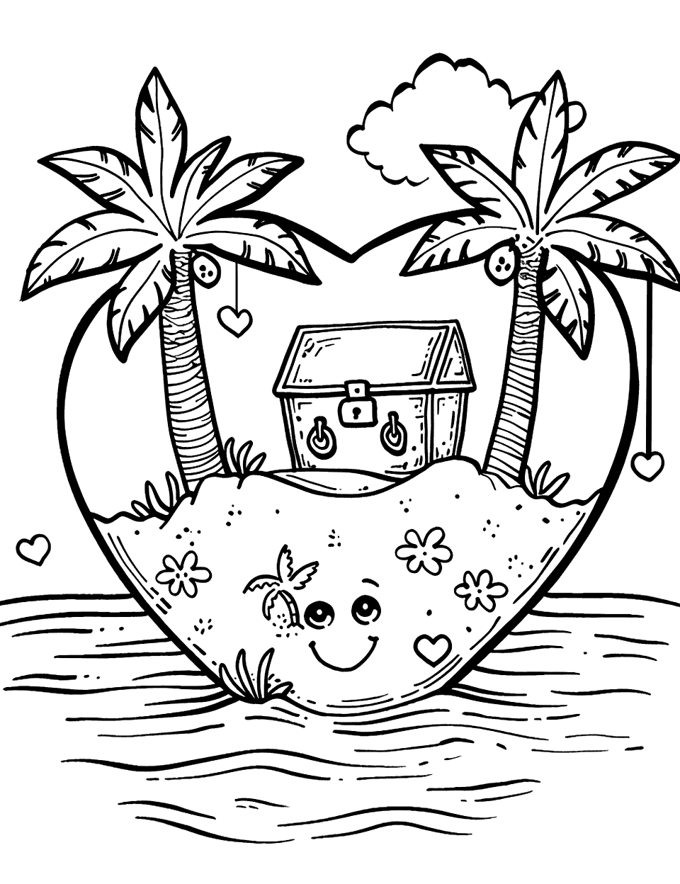 Heart-Shaped Island Adventure Shapes Coloring Page - An island in the shape of a heart with a treasure chest and palm trees.