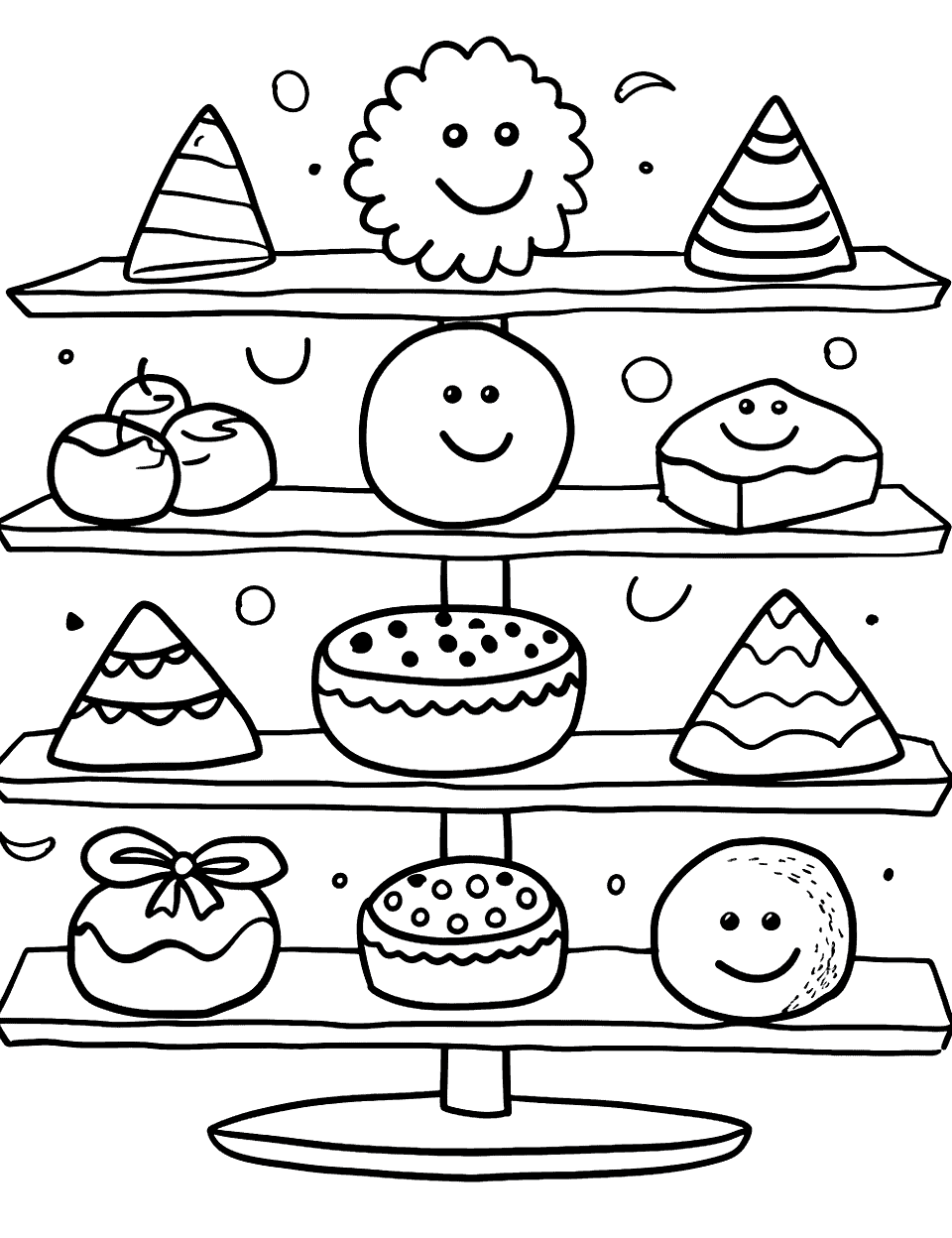 Basic Shapes Bakery Coloring Page - Cookies and cakes on display, each shaped like a different basic shape.