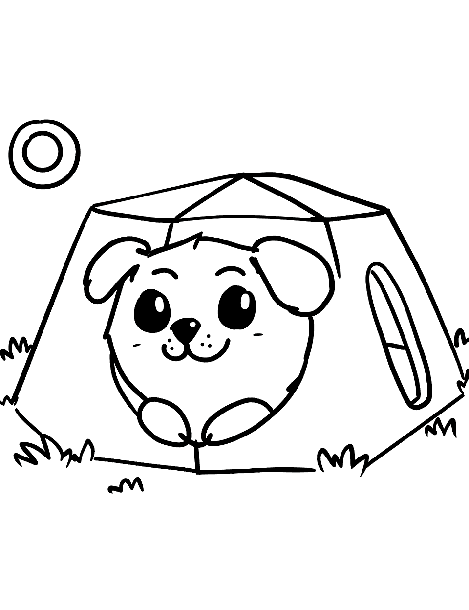 Pentagon Pet House Shapes Coloring Page - A pet house designed like a pentagon, with a dog peeking out.