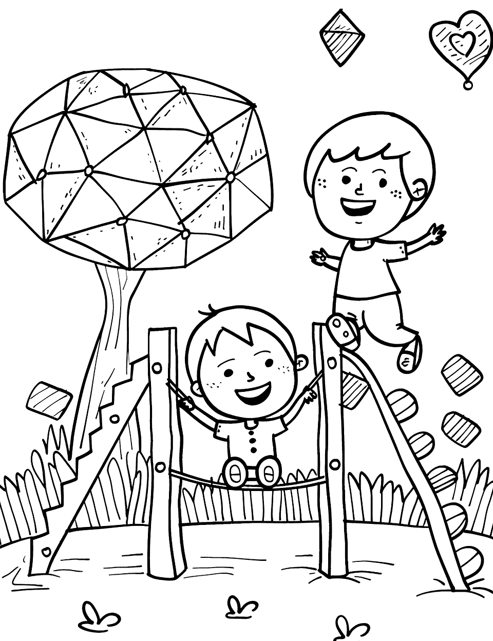 Geometric Jungle Gym Shapes Coloring Page - Kids playing on a playground with geometric shapes like hexagons and triangles for climbing.