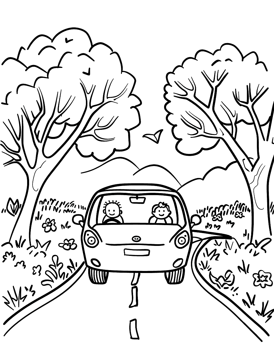 Rectangle Road Trip Shapes Coloring Page - A family driving in a rectangular car along a simple, winding road.