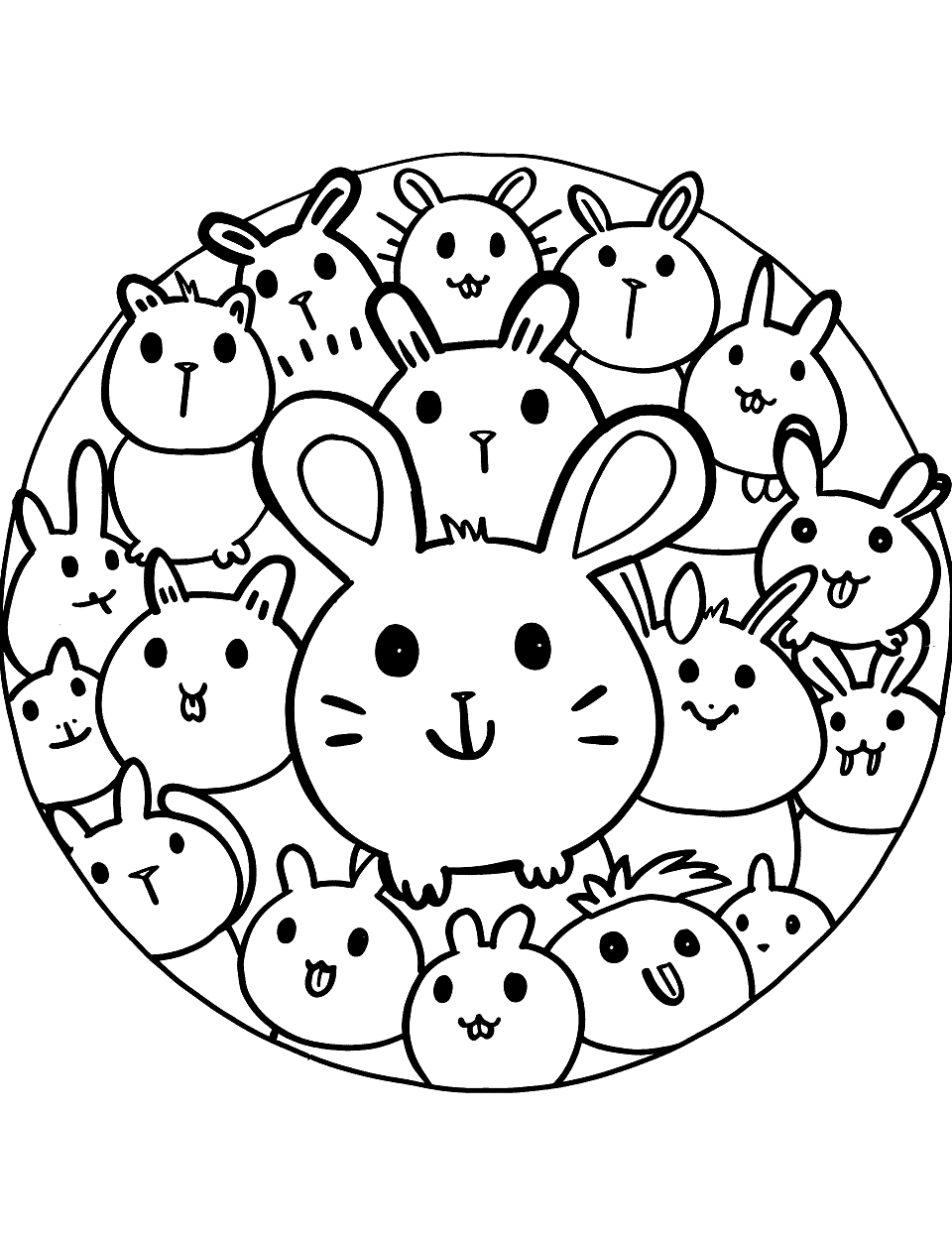 Cute Critters and Circles Shapes Coloring Page - Various small animals like rabbits and hamsters peeking out of circles.